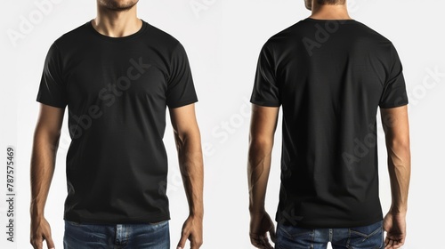 Front and back view Young man donning stylish black t shirt