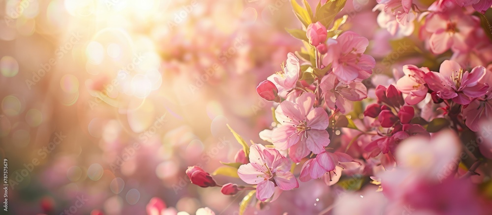 Artistic display of blossoming pink flowers along the border or background. Stunning depiction of nature showcasing a blooming tree under the radiant sun. 
