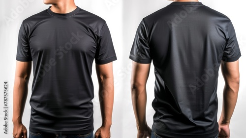 Front and back view Young man donning stylish black t shirt