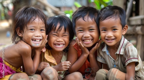 A diverse group of poor young children of different ethnic backgrounds sitting closely next to each other.