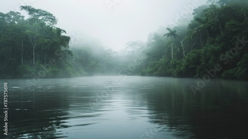 Amazon river in the middle of the forest with fog in Latin America, Colombia, Venezuela, Brazil, Ecuador. in high resolution