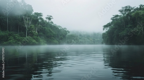 Amazon river in the middle of the forest with fog in Latin America, Colombia, Venezuela, Brazil, Ecuador. in high resolution and quality photo