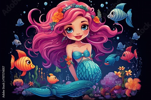 A whimsical little mermaid with pink hair sitting on the ocean floor. Generative AI photo