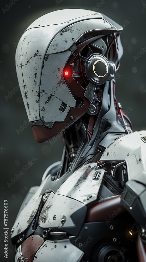 Fototapeta premium A robot featuring a complex mechanical structure with a red light glowing on its face.