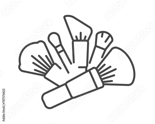 Makeup and Cosmetics related line. Beauty set linear Vector graphic icons beauty and cosmetics in the form brushes for face, powder, blush, bronzer, highlighter, foundation, eye shadow. 