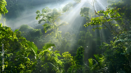 A sunbeam piercing through a dense tropical forest  highlighting the mist and rich green foliage  captured with backlighting technique