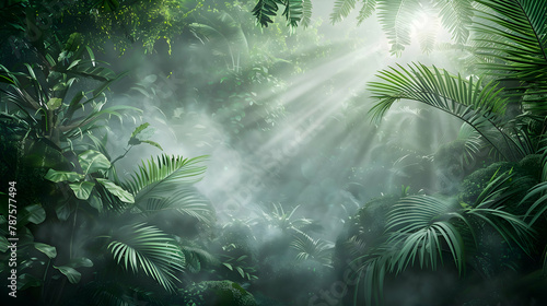 A sunbeam piercing through a dense tropical forest  highlighting the mist and rich green foliage  captured with backlighting technique