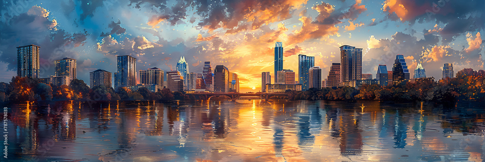 Austin Texas USA Skyline on the Colorado River,
A city is reflected in the water with a sunset in the background
