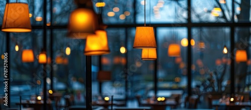 Inside a fancy restaurant adorned with stylish lamps during the evening. photo