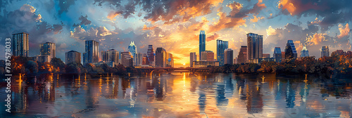 Austin Texas USA Skyline on the Colorado River, A city is reflected in the water with a sunset in the background 