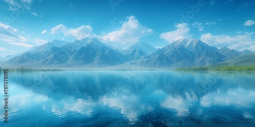 A detailed painting showcasing a lake reflecting the surrounding mountains.