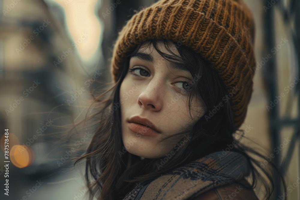 portrait of a young woman with a beanie portrait of a young woman with a beanie