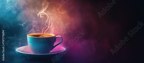 Image of a dark background with a hot cup of coffee emitting steam. The picture has been colored.