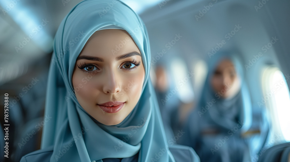 A woman attendants wearing a blue hijab on an airplane. A woman attendants wearing a blue hijab on an airplane.