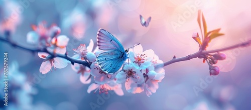 A stunning blue butterfly flutters above a blooming apricot tree branch during a spring sunrise, set against a backdrop of light blue and violet hues in macro detail.