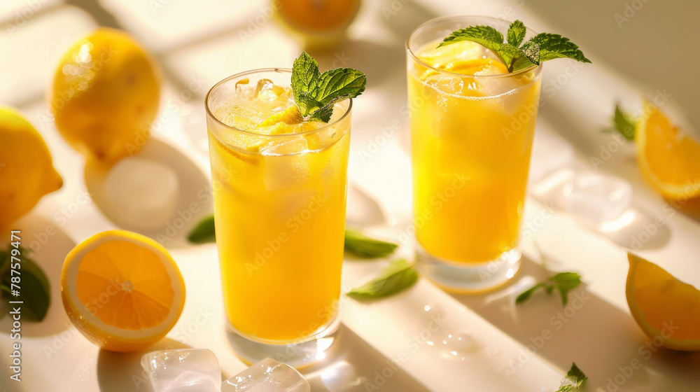 Two glasses of freshly made lemonade with lemon slices and mint leaves. Two glasses of freshly made lemonade with lemon slices and mint leaves.