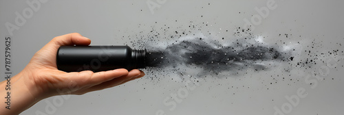 Black Jet Dispersion from an Aerosol Can in Fema,
Picture of a Setting or finishing powder highly realistic p White background HD Photo Isolated white
 photo