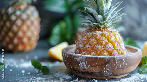 A pineapple sits in a bowl with a lemon slice and some mint leaves