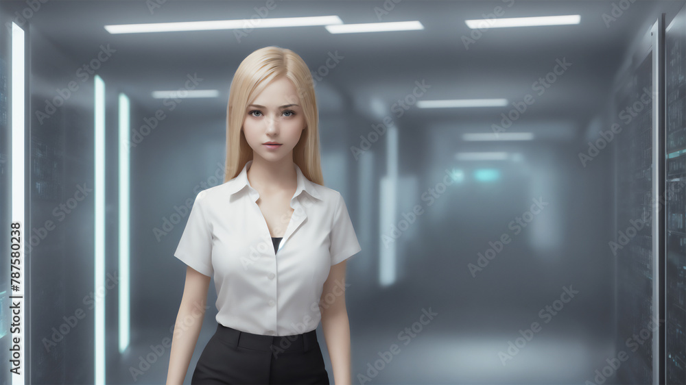 Obraz premium Business Woman in a Server Room, Corporate System Administrator, IT Job Worker