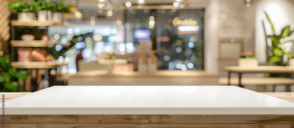 A white table displayed against a blurred background with a wooden counter, shelf surface, and a white bokeh background in a restaurant setting,