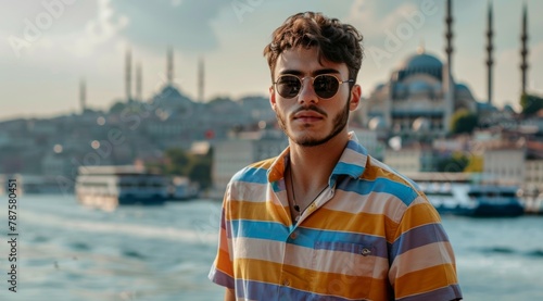 Portrait of a young adult man against the background of the night panorama of Istanbul, Turkey. Male tourist posing on the Galata Bridge over the Golden Horn at dusk photo
