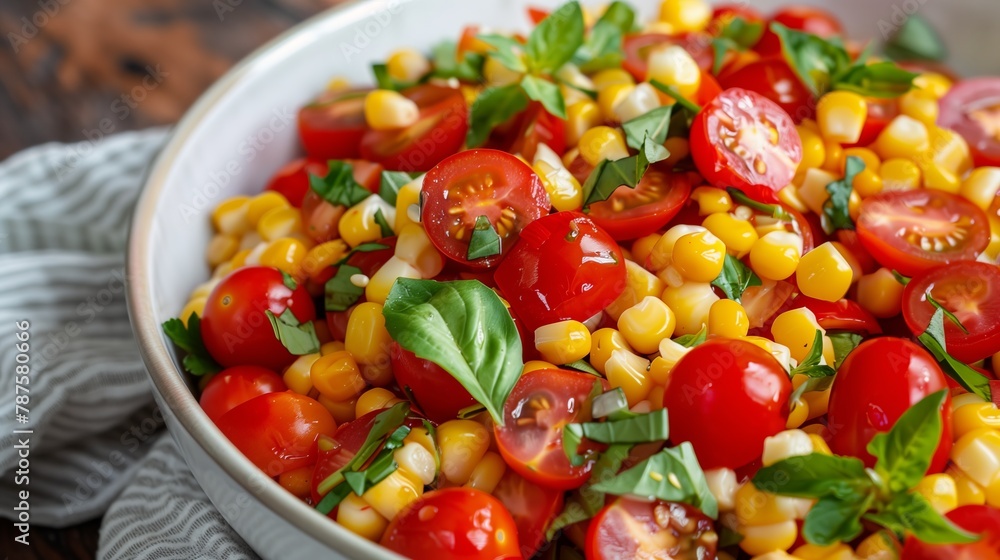 A white bowl filled with vibrant corn kernels and red tomato slices, creating a colorful and nutritious salad. A white bowl filled with vibrant corn kernels and red tomato slices, creating a colorful and nutritious salad.