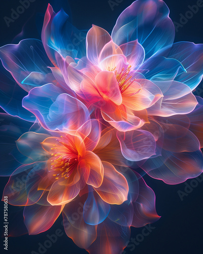 magnificent flowers with translucent pink, orange and blue hued petals on a deep blue background photo