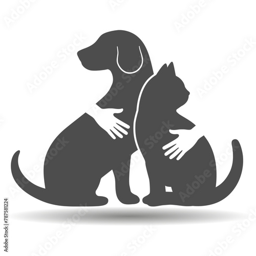 Pet care symbol.Cat and dog silhouette icon with human hands on white background.
