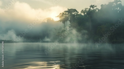 beautiful sunrise seen from an Amazon river surrounded by forest with fog in high resolution and high quality HD photo