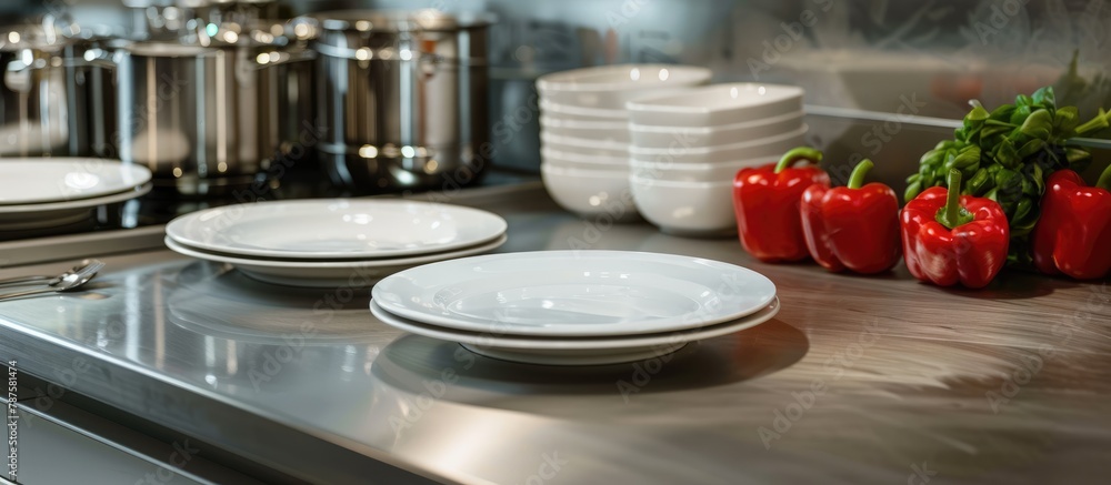 Peppers and white plates are placed on the metal countertop in the kitchen. Peppers and white plates are placed on the metal countertop in the kitchen.