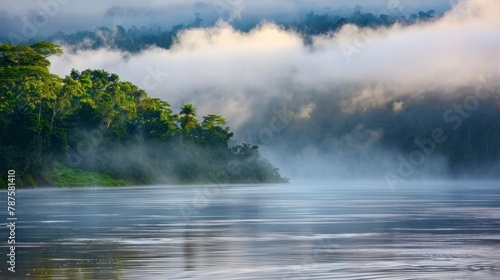 beautiful sunrise seen from an amazon river surrounded by forest