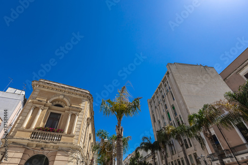 Typical houses of Brindisi old town. Vintage buildings and city blocks, surrounded by palm trees and blue skies