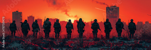 High Detailed Soviet Russian Military Silhouette, Soldiers stand united bathed in the golden glow of a sunset 