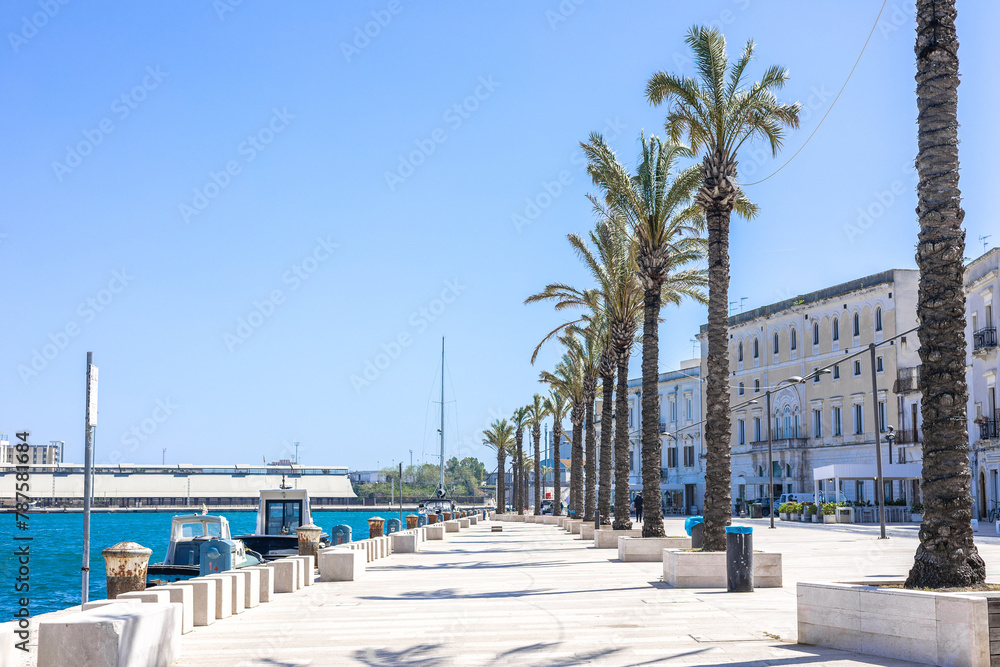 Fototapeta premium Lungomare in Brindisi, a pedestrian walkway next to the beach and surrounding old town. Row of palms are visible on a warm spring day