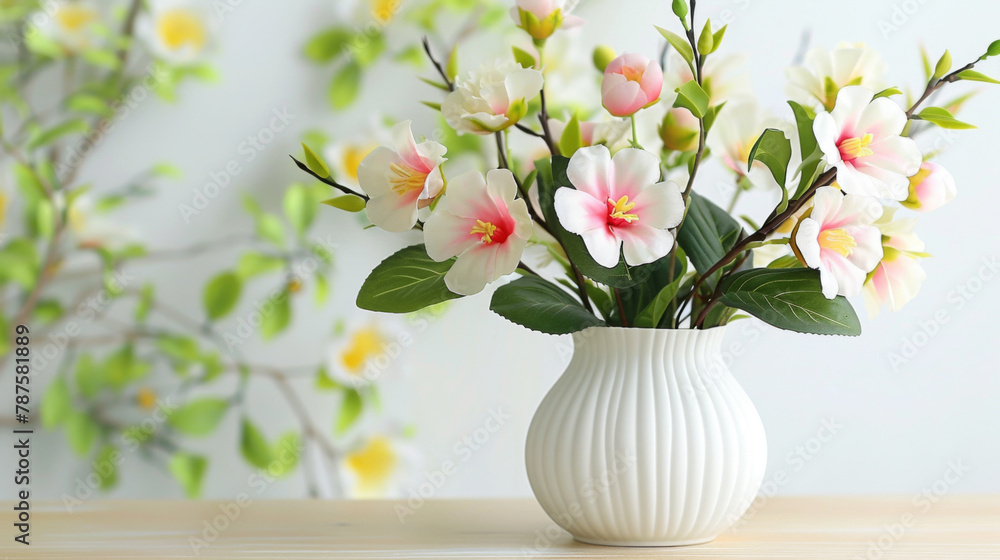 Elegant artificial flowers in full bloom within a white vase, placed on a wooden table against a bright backdrop.