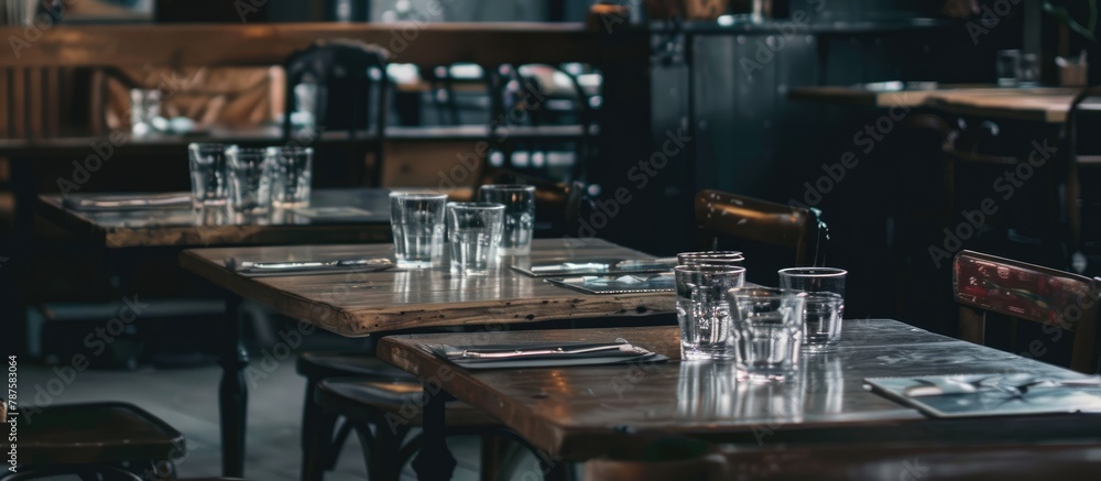 Restaurant tables with empty glasses placed on top Restaurant tables with empty glasses placed on top