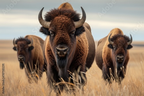Regal and stoic bison in North American prairies, Witness the majestic presence of bison as they roam the vast expanses of North American prairies