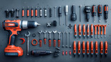 An organized collection of hand tools displayed on a dark grey background, suitable for workshops.