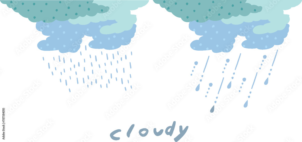 Naklejka premium 手描き風 雨と雨雲のシンプルな素材イラストセット
