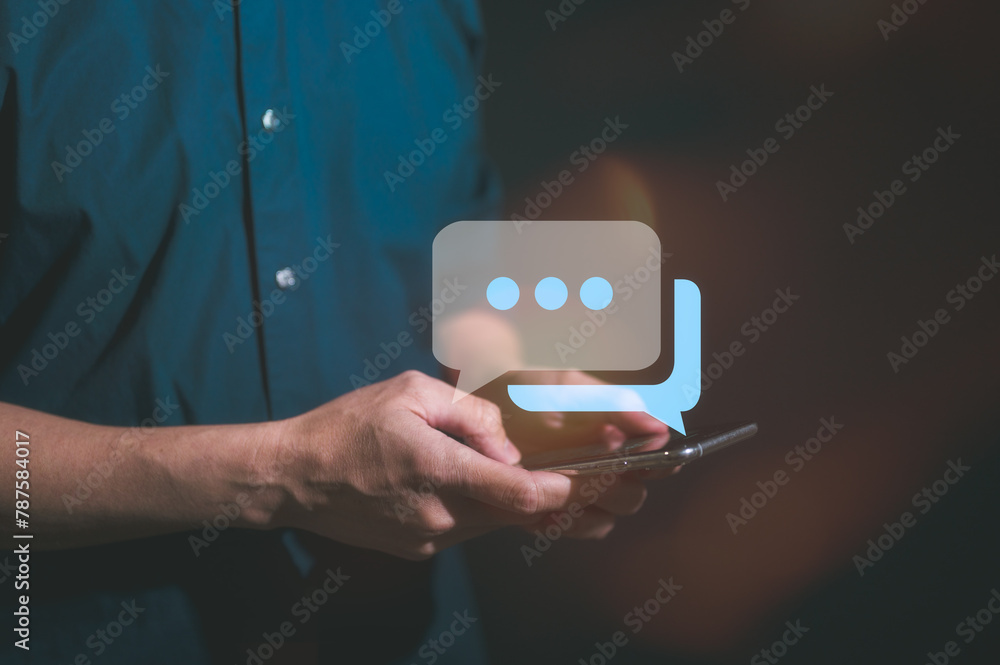 social online concept, man using smartphone chatting sending and reading text messages from internet network technology platform, social distancing, shopping, communication online