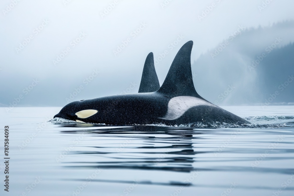 Naklejka premium Sleek and powerful orcas gracefully navigate the open sea in cohesive pods, their streamlined bodies slicing through the water with effortless precision.
