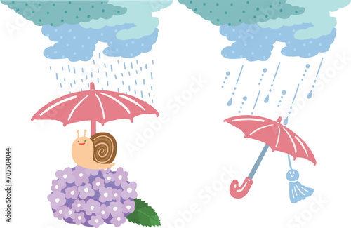 雨と傘　かたつむりとアジサイとてるてる坊主のイラストセット