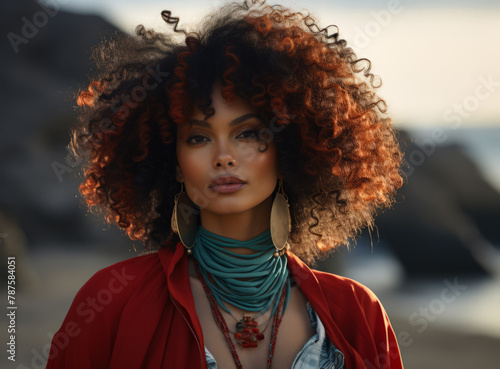 Elegant woman with afro hairstyle at sunset by the sea