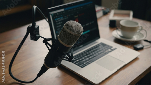 Podcast Haven: Close-Up of Microphone, Laptop, and On-Air Lamp in Home Studio"