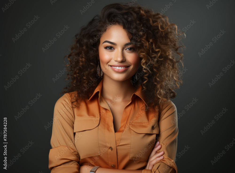 Stylish woman with curly hair in a trendy orange shirt Stylish woman with curly hair in a trendy orange shirt