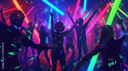 happy people dancing in a disco with their backs to each other with open arms