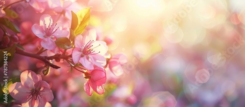 Background of blooming spring flowers in a beautiful natural setting with a blossoming tree on a sunny day. Vibrant orchard during the spring season. Abstract backdrop.