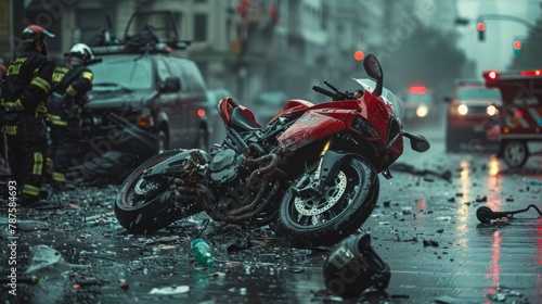 A realistic depiction of a motorcycle crash scene on a city street with first responders and debris. photo
