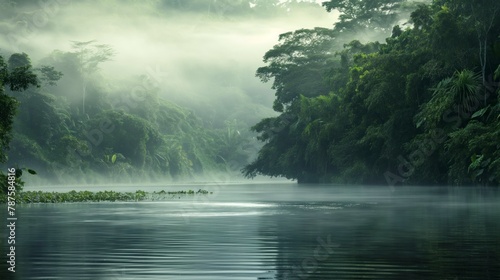 Amazon river surrounded by green forest with fog