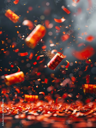 Red confetti fired on air during a festival. Asian cultural backgrounds. Confetti celebration and decoration. High quality AI generated image